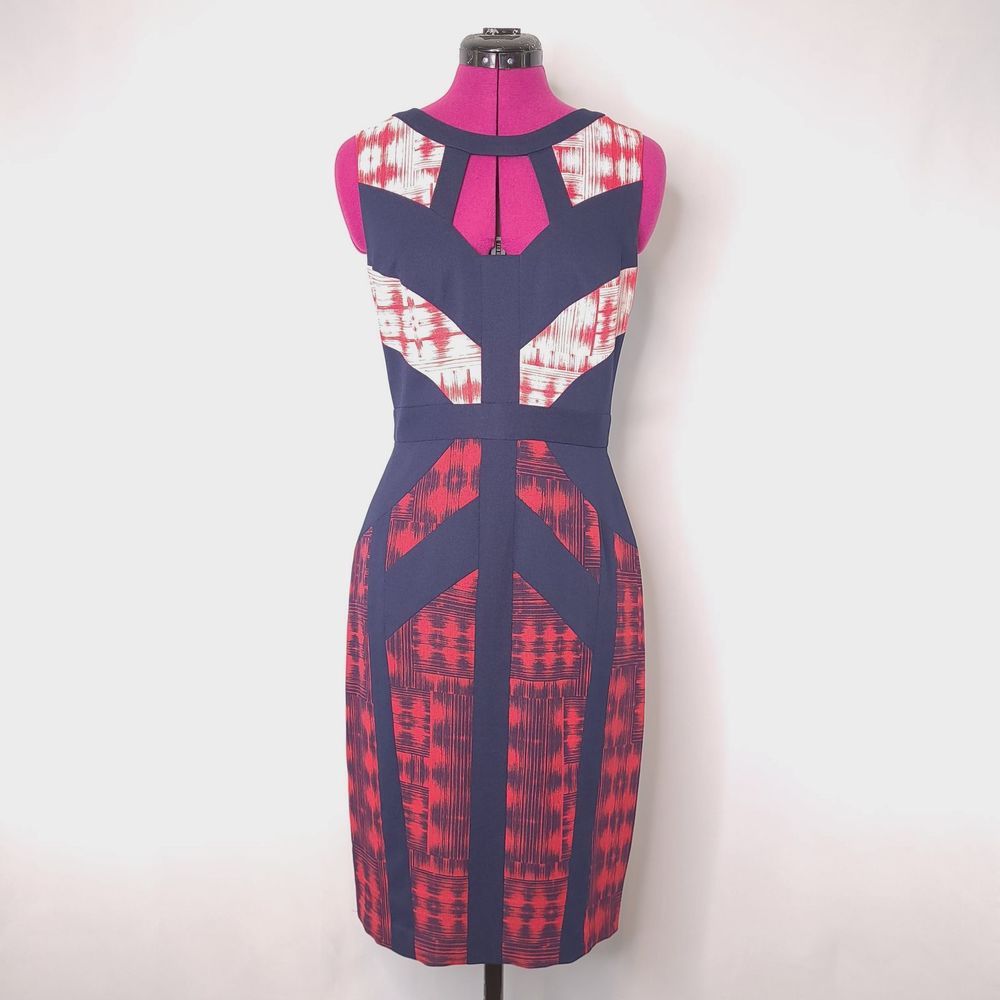 BCBGMaxazria Averie Ikat Red Blue Sheath Dress